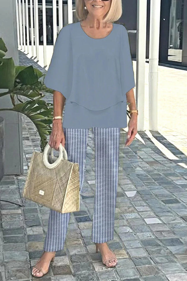 Round Neck Half Sleeve Loose Top and Elastic Waist Straight Pants Set