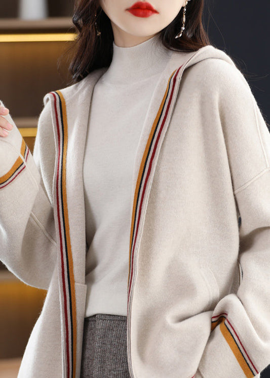 Unique Beige Zippered Patchwork Cozy Woolen Hoodie Cardigans Winter Wv020