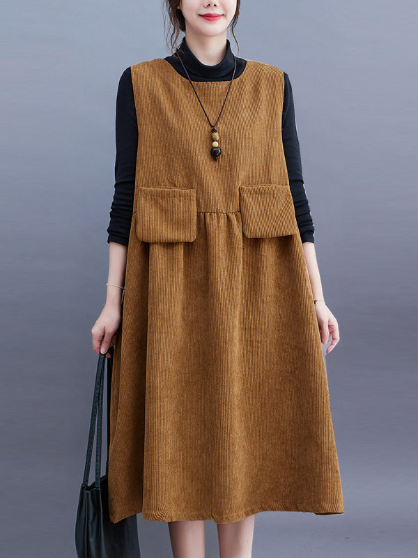 Artistic Retro Loose Sleeveless Color Round-neck Midi Dresses