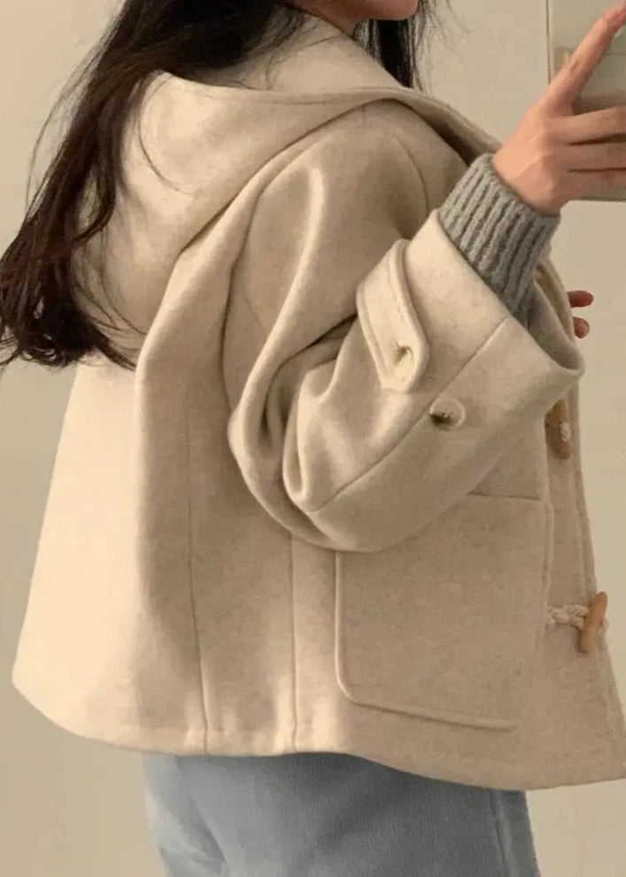 Horn Button Woolen Hooded Coat With Large Pockets
