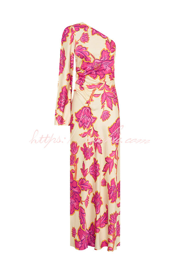Rhia Satin Print One Shoulder Flared Maxi Dress