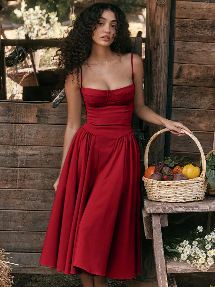 Dress Spaghetti Strap A-line Loose Midi Dresses Female Sleeveless Backless French Retro Long Dress