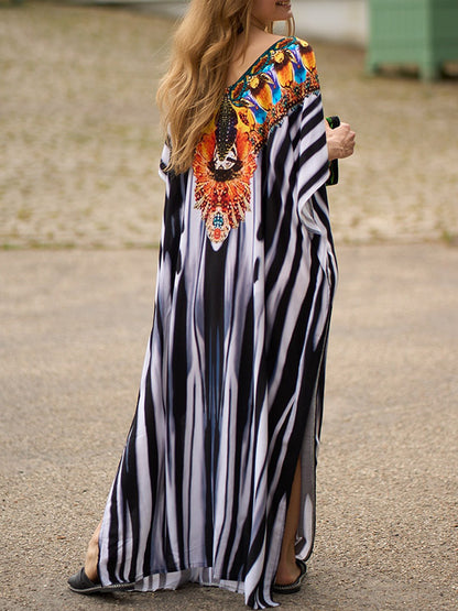 Batwing Sleeves Loose Printed Split-side Striped V-neck Beach Cover-up Maxi Dresses