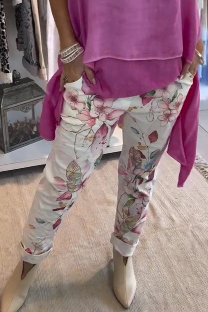 Botanical Print Elastic Waist Pockets Pants