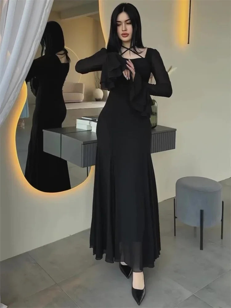 Autumn Ruffled Long Dress Bandage Slim High Waist Patchwork Party Dress ’s Chiffon Maxi Dress