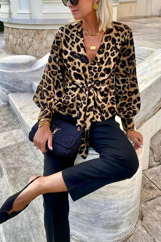 Janae Leopard Print Front Tie-up Lantern Sleeve Blouse