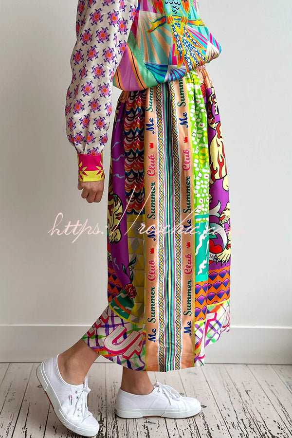 Satin Colorful Unique Print Elastic Waist Pocket Vacation Midi Skirt