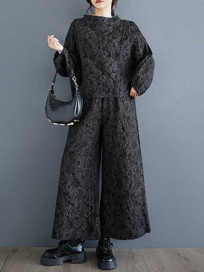 Classy Black Round-neck Jacquard Raglan Long Sleeve and Elastic Waist Pockets Wide Leg Pants Set Ws014