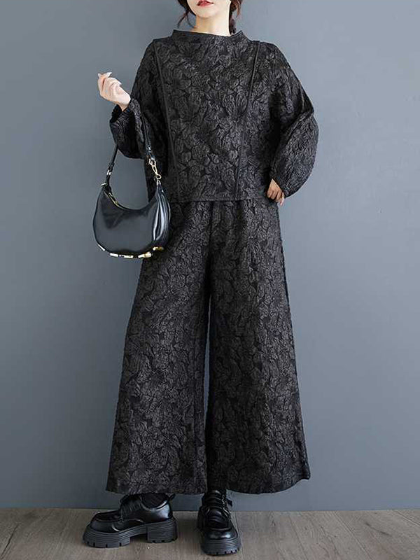 Classy Black Round-neck Jacquard Raglan Long Sleeve and Elastic Waist Pockets Wide Leg Pants Set Ws014