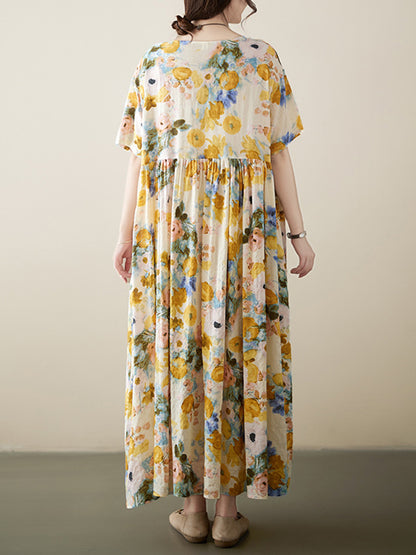 A-line Loose Printed Round-neck Midi Dresses