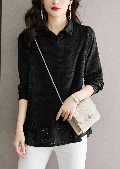 Style Green Peter Pan Collar Fake Two Pieces Lace Patchwork Knit Sweater Fall Wd026