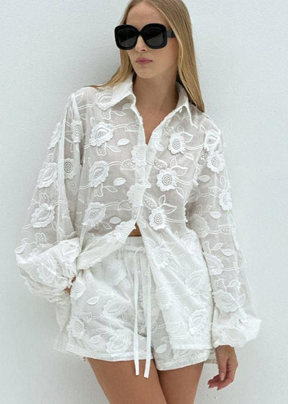 Breeze - Sheer Embroidered Shirt & High-waist Shorts Set