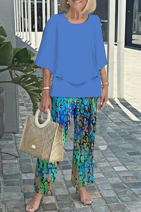 Round Neck Half Sleeve Loose Top and Elastic Waist Straight Pants Set