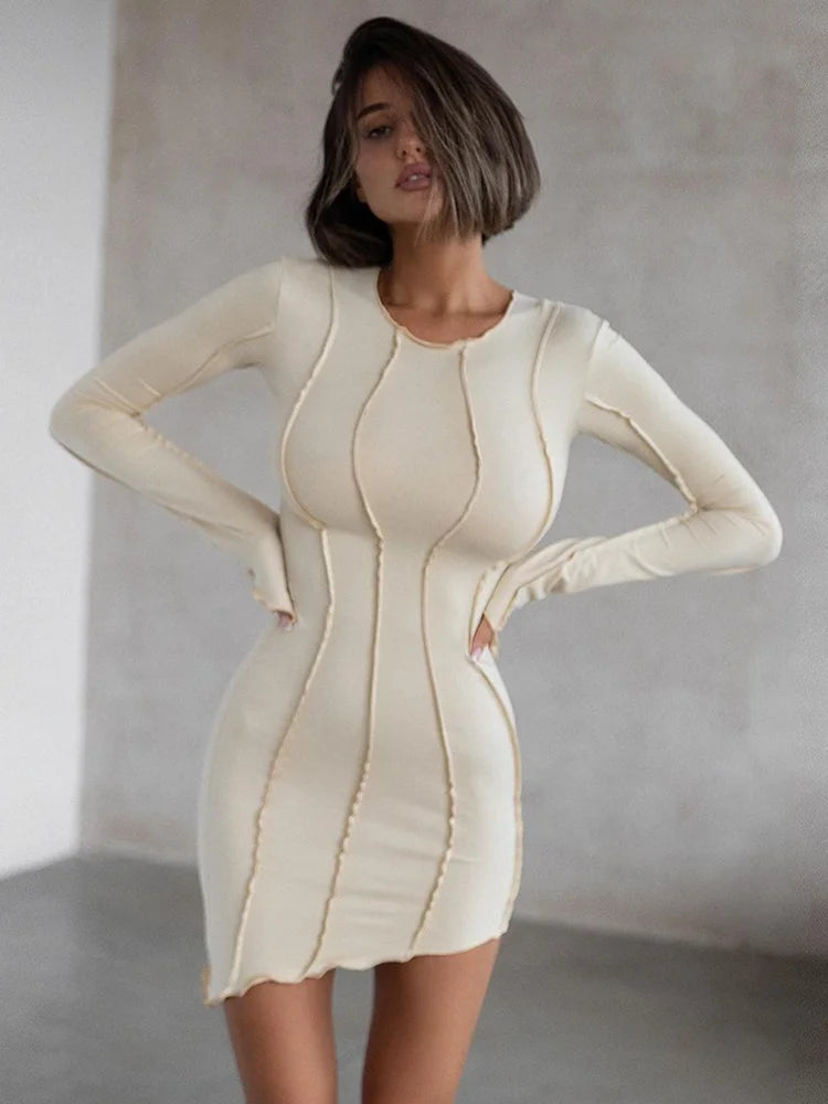 Asymmetrical Slim Mini Dress O-neck Flare Long Sleeve Patchwork Wrap Dress Spring New