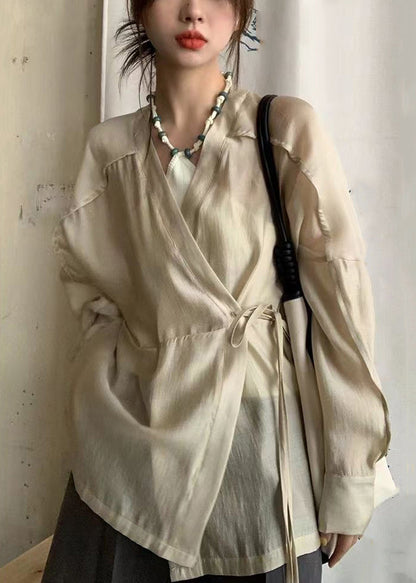 French Apricot V Neck Lace Up Silk Cotton Blouse Long Sleeve Ee022