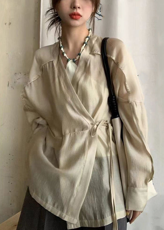 French Apricot V Neck Lace Up Silk Cotton Blouse Long Sleeve Ee022