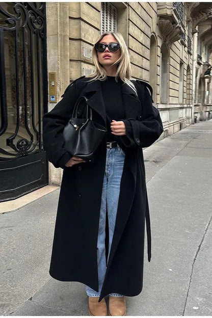 Turn-down Collar Double-breasted Long Overcoat