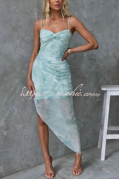 Saloni Mesh Print Twist Ruched Detail Irregular Hem Stretch Maxi Dress