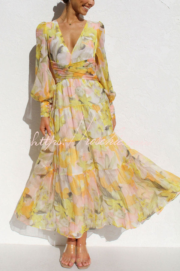 Olena Abstract Balloon Sleeves Maxi Dress (the Back Is Stretchy)