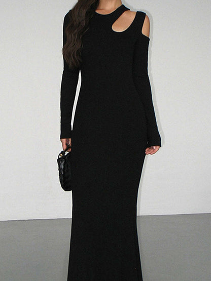 Long Sleeves Skinny Hollow Color Cold Shoulder Maxi Dresses