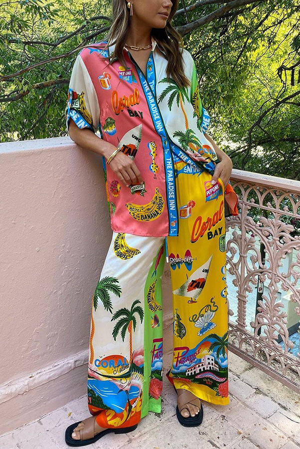Kissed by the Sun Satin Unique Print Colorblock Button Down Oversized Blouse