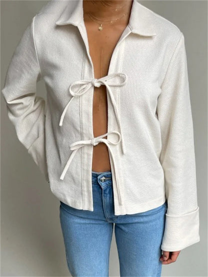 Lace-up Hollow Out Lapel Cardigan Coat High Waist Patchwork Slim Bandage Outwear Clothes