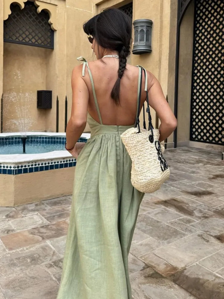 Lace-up Backless Long Dress Female High Waist Halter Dresses Holiday Beach Slim Bandage Maxi Dress