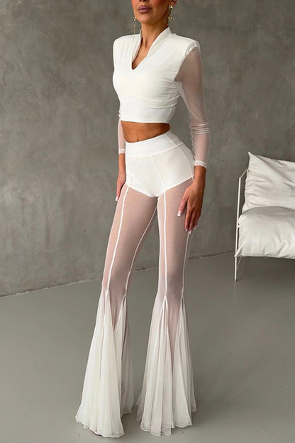Deep Mesh High Rise Elastic Waist Fishtail Stretch Pants