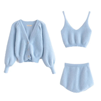 Two Piece Sets Outfits White Plush Mohair Drill Button Cardigan Coats With Bra Tops and Mini Shorts Matching Sets
