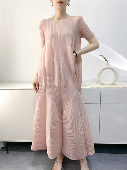 Loose Short Sleeves Pleated Color Split-joint V-neck Midi Dresses
