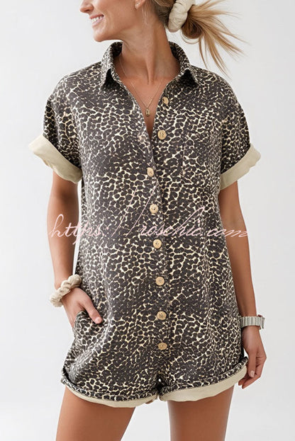 Comfort Meets Style Leopard Print Button Up Pocket Loose Shirt Romper