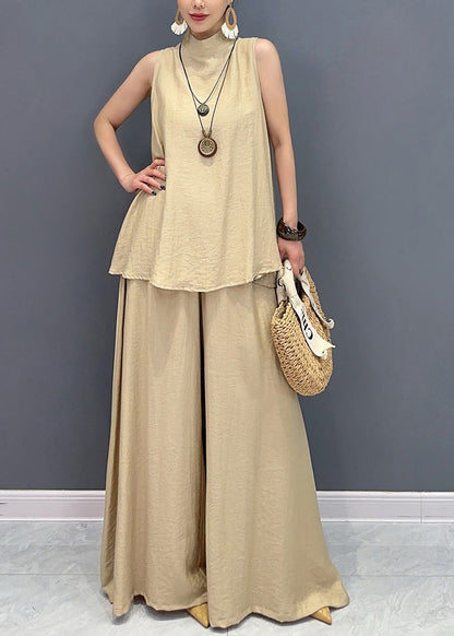 Loose Camel Tops and Wide Leg Pants Cotton Two Pieces Set Sleeveless Ao1061