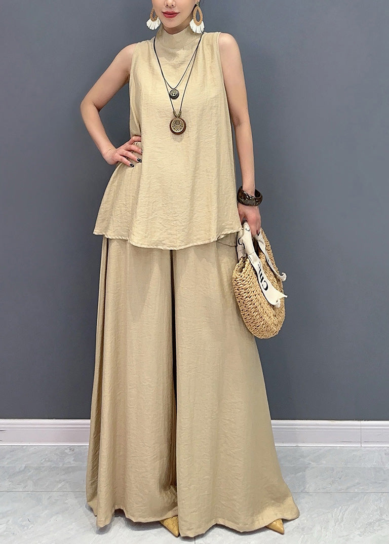 Loose Camel Tops and Wide Leg Pants Cotton Two Pieces Set Sleeveless Ao1061