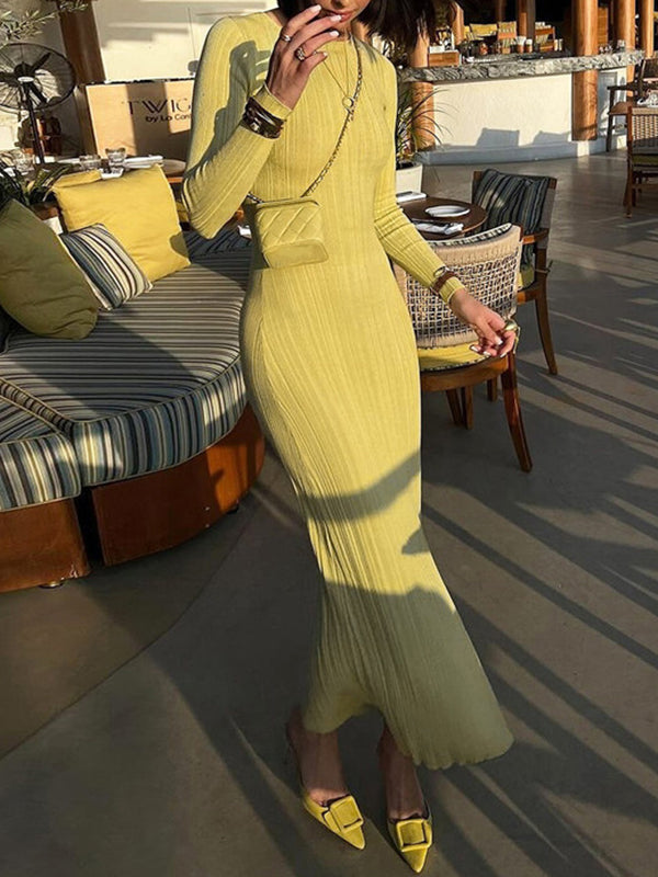 Bodycon Long Sleeves Pleated Color Split-joint Round-neck Evening Dresses Maxi Dresses
