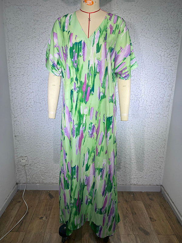 Loose Short Sleeves Multi-colored Printed V-neck Maxi Dresses