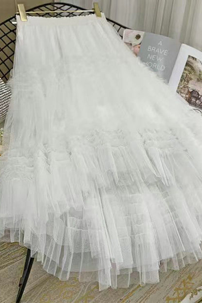 Mood Tulle Pleated Ruffle Elastic Waist Tiered Midi Skirt