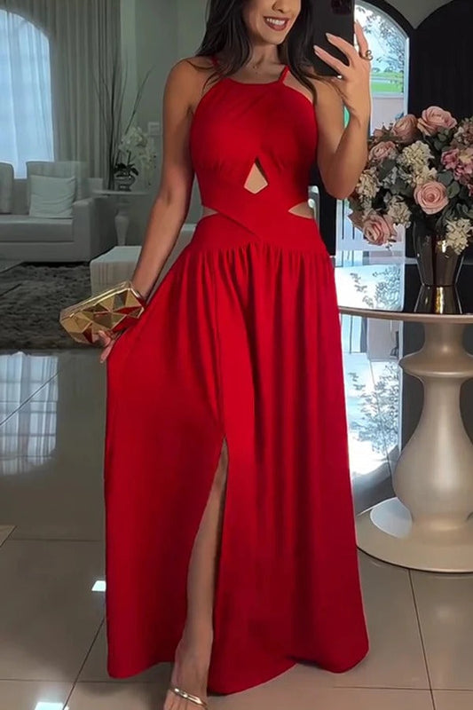 Color Cross Tie Backless Maxi Dress