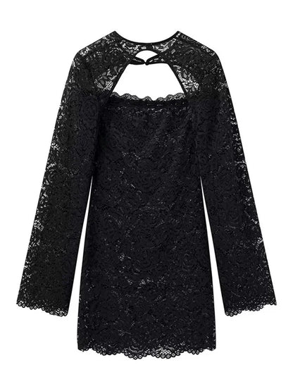 Black Lace Mini Dress ’s 2 Piece-set Shrug Hollow Out Printed Party Dress Sets Female See-through Dress
