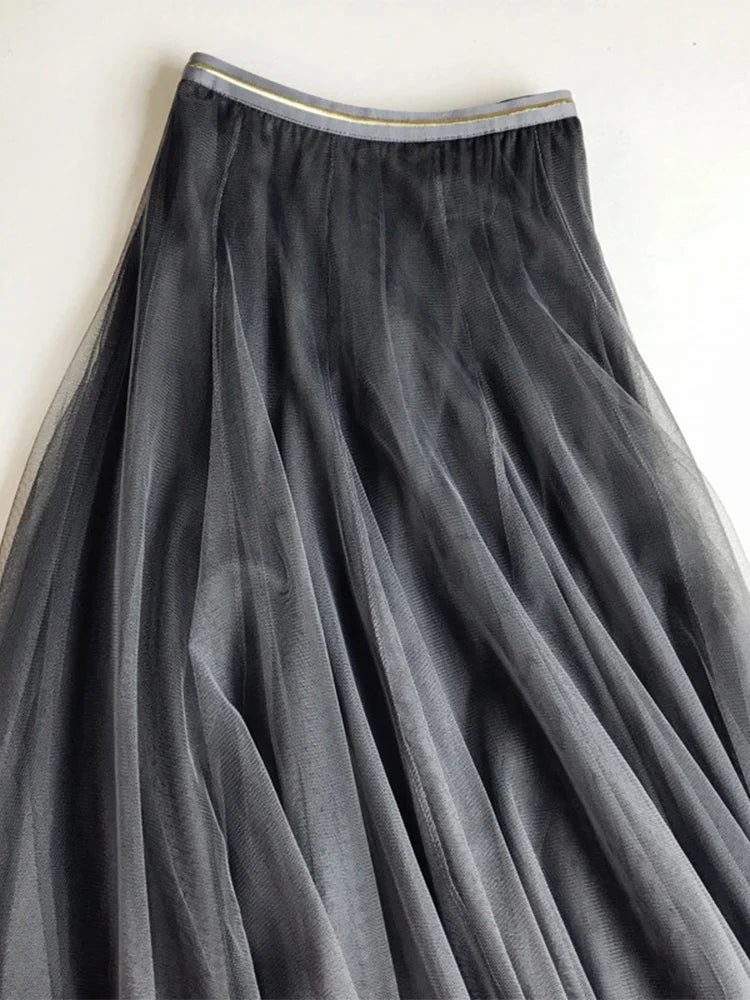 Summer Mesh Pleated Skirt High Waist a Line Tulle Skirts Long Maxi Tutu Skirt Holiday Beach Tulle Skirt