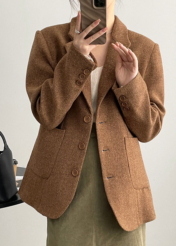 Boutique Caramel Brown Notched Pockets Button Woolen Coat Fall Wd008