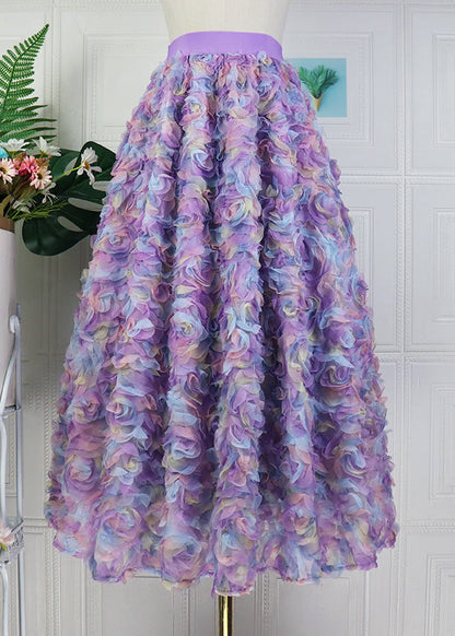 Blue Embroidered Elastic Waist Tulle Maxi Skirt