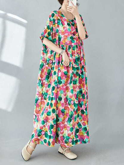 Half Sleeves Loose Pleated Polka-dot Printed Split-joint Round-neck Midi Dresses
