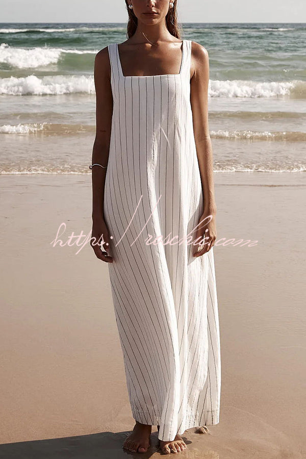 Simple and Linen Blend Pinstripe Detail Square Neck A-line Maxi Dress