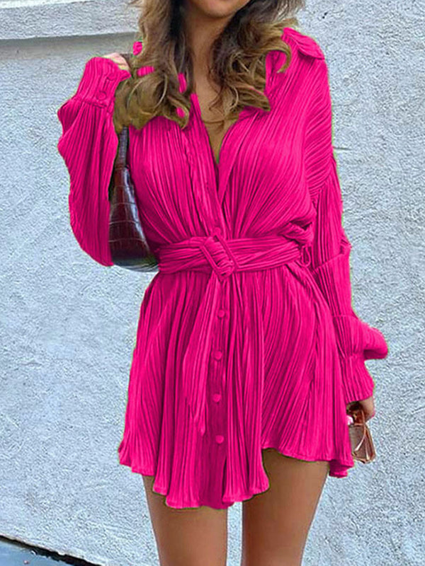 Long Sleeves Buttoned Pleated Color Tied Waist Lapel Mini Dresses Shirt Dress
