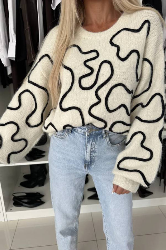 Mood Knit Contrast Color Sewing Line Pattern Loose Sweater