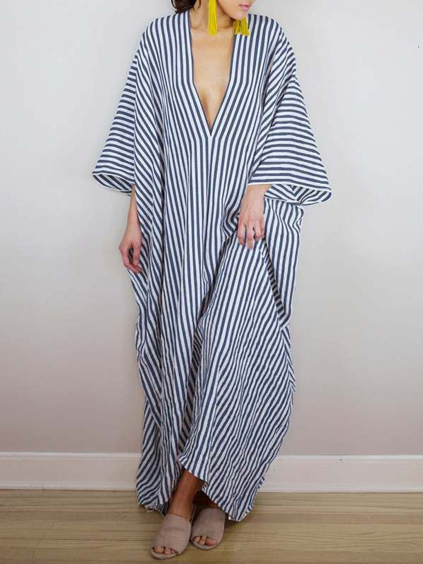 Batwing Sleeves Loose Striped V-back Deep V-neck Maxi Dresses