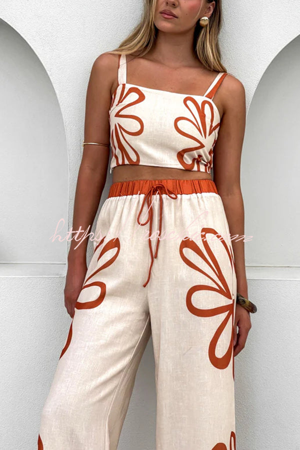 Print Suspender Back Pleated Top and Elastic Waist Drawstring Pants Set