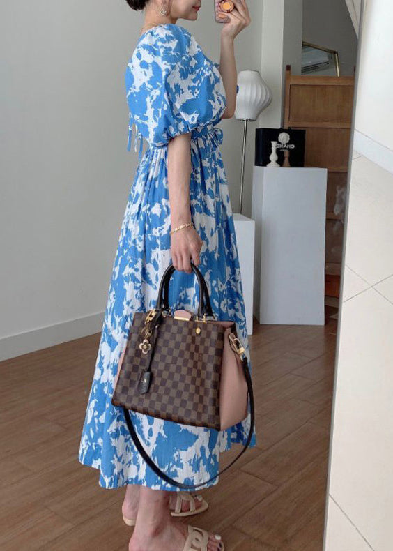 Blue Tie Waist Cotton Long Dresses Square Collar Puff Sleeve Qp007