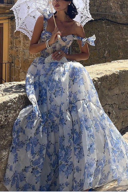 Fairytale Itself Organza Print Tie Strap Maxi Dress