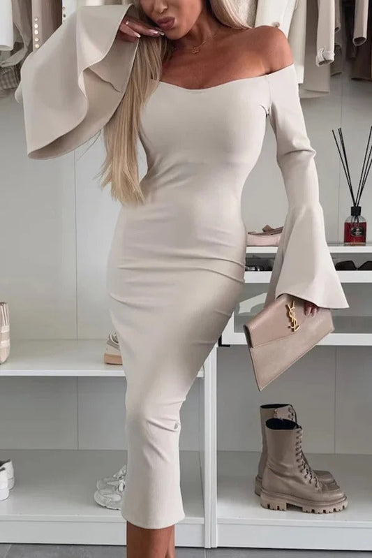 Color Off-shoulder Trumpet Sleeve Slim Midi Dress